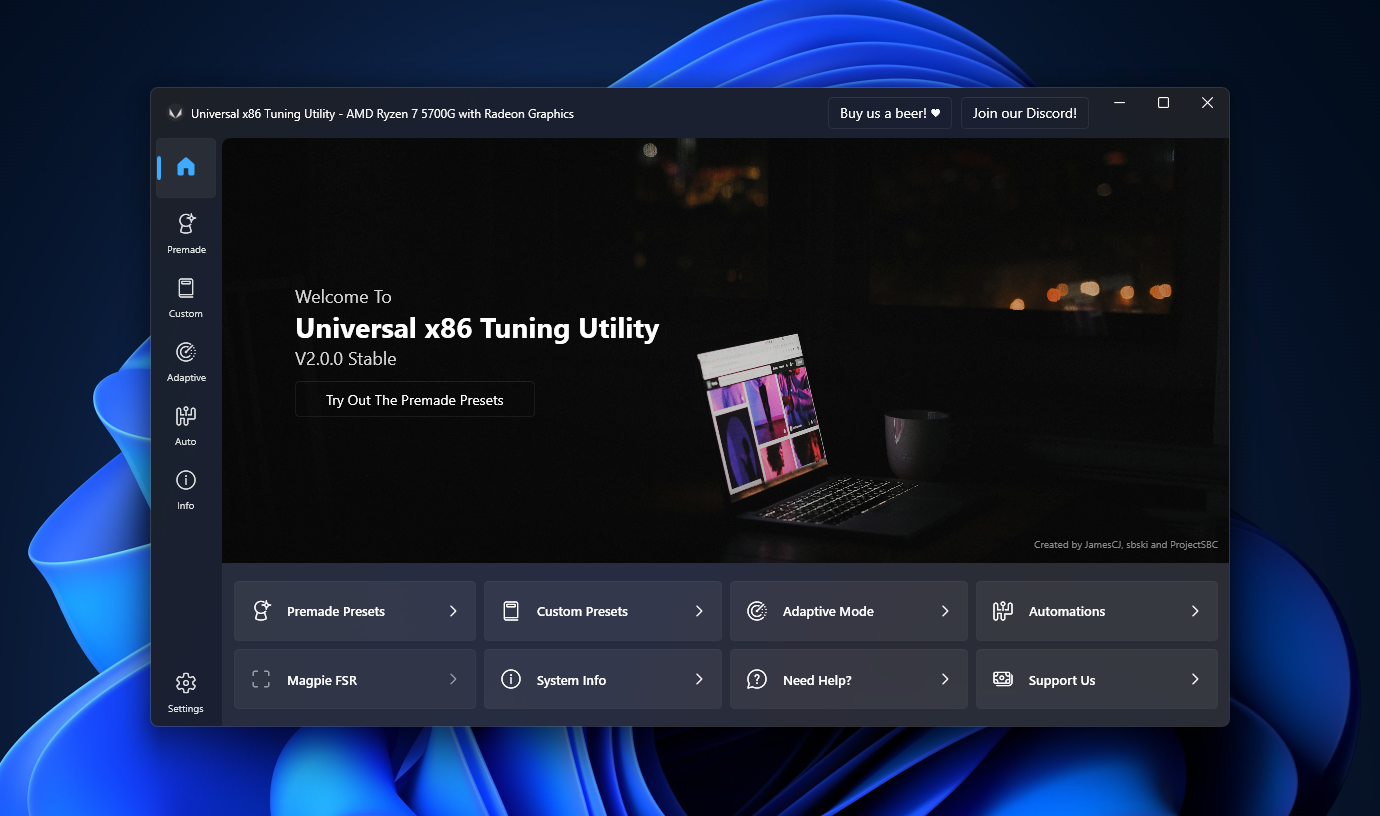 Universal x86 Tuning Utility V2.0 home dashboard showing navigation grid and welcome banner