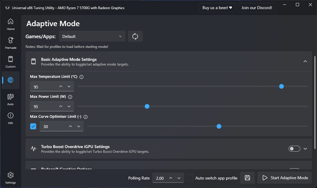 UXTU Adaptive Mode panel with temperature and power limit sliders