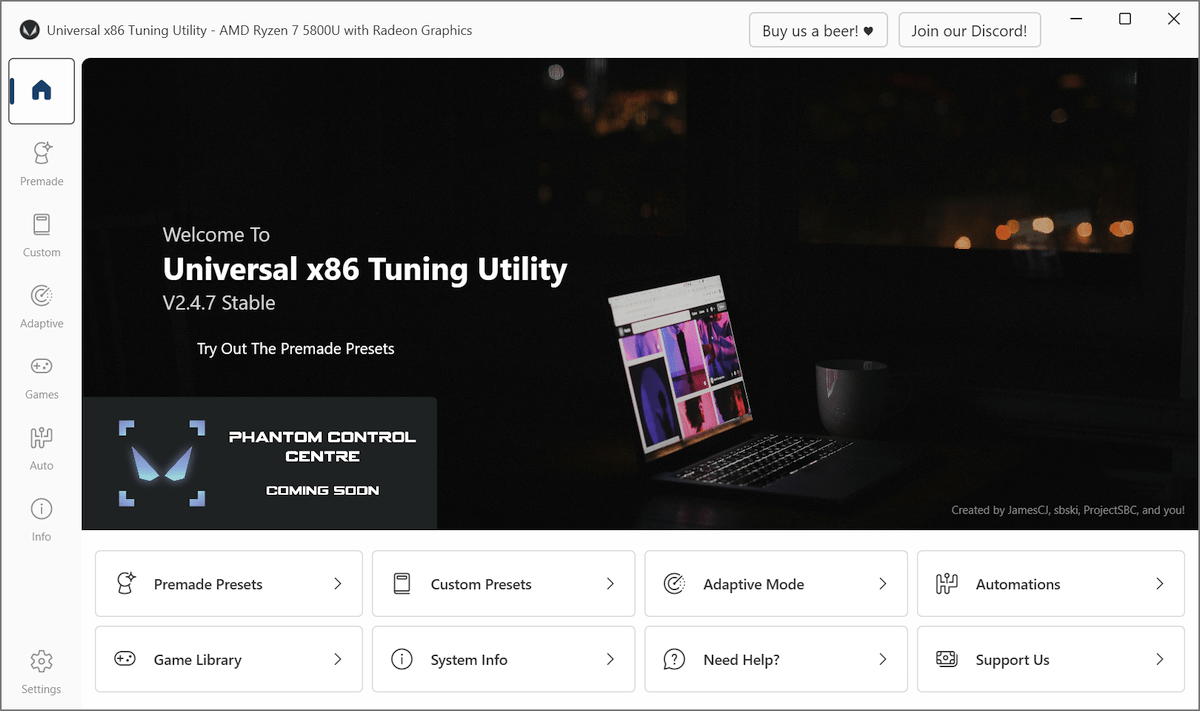 UXTU V2.4.7 home screen with game library and automation options