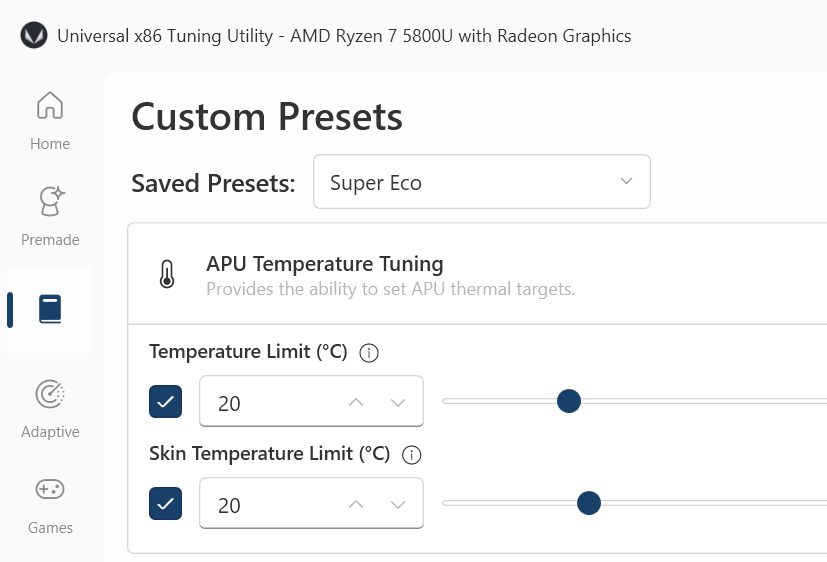 UXTU Custom Presets with APU temperature tuning sliders