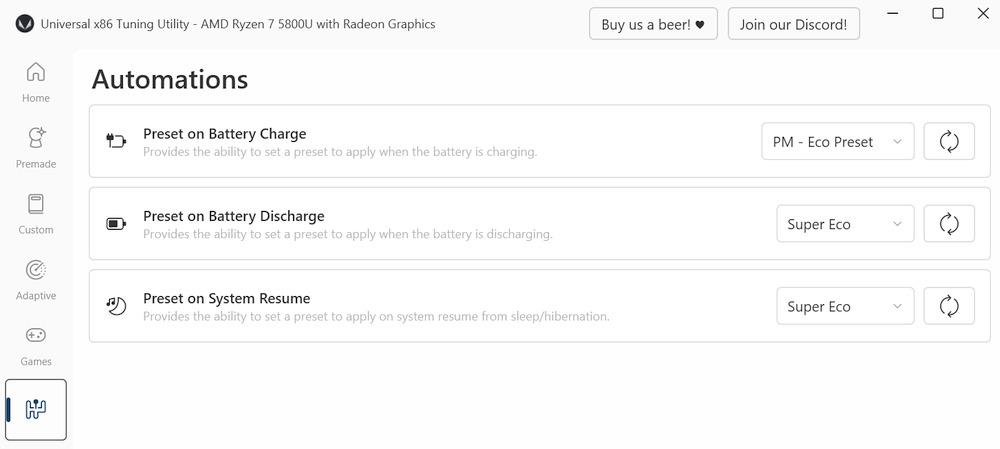 UXTU Automations panel with battery and system resume preset rules